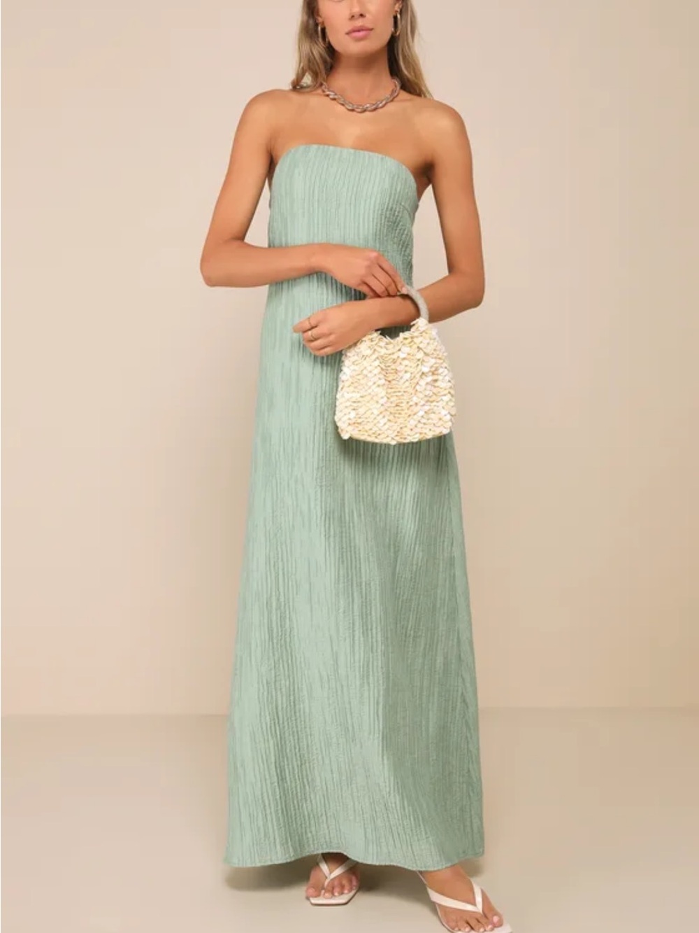 Radiant Season Sage Green Plisse
Cutout Strapless Maxi Dress